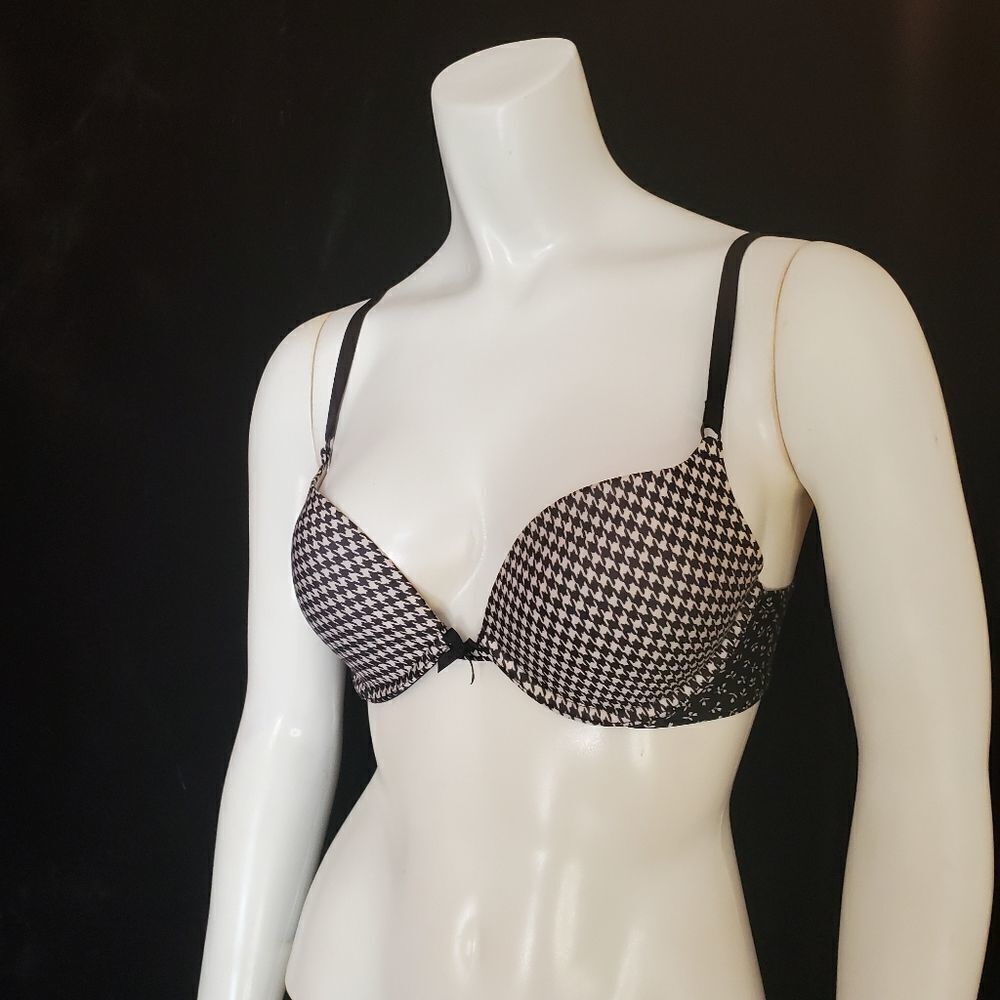 Victoria's Secret Push-Up Black & White Houndstooth & Floral Bra (32C)